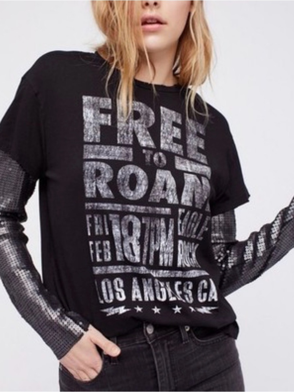 Free People Black Short-Sleeve Graphic Tee with Silver Sequin Sleeves